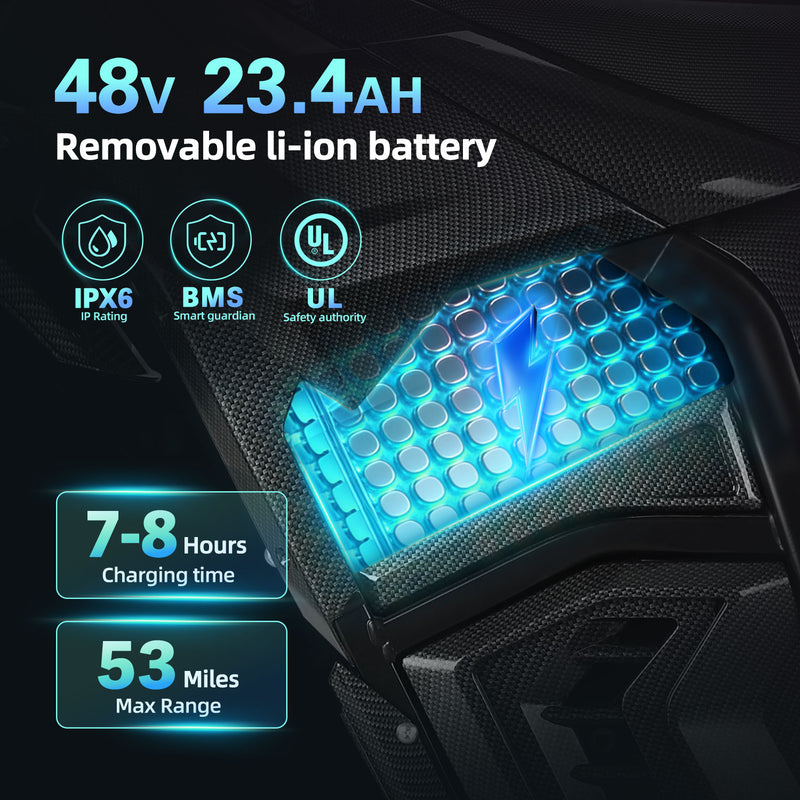 EM-5 Electric Dirt Bike Removable 48V 23.4Ah Lithium Battery — 53-Mile Off-Road Range