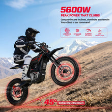EM5 Pro electric dirt bike 5600W peak power off‑road motorcycle climbing 45‑degree slope, 240 N‑m torque, 3‑speed gears, max speed 52MPH, rider riding on mountain terrain